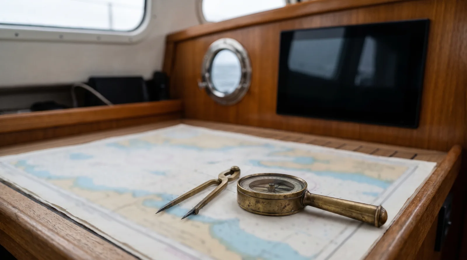 Mesa de cartas de teca en un velero: una antigua aguja de marcar de latón y un compás de puntas sobre una carta náutica desenfocada, detrás una pantalla apagada y un portillo con el mar gris
