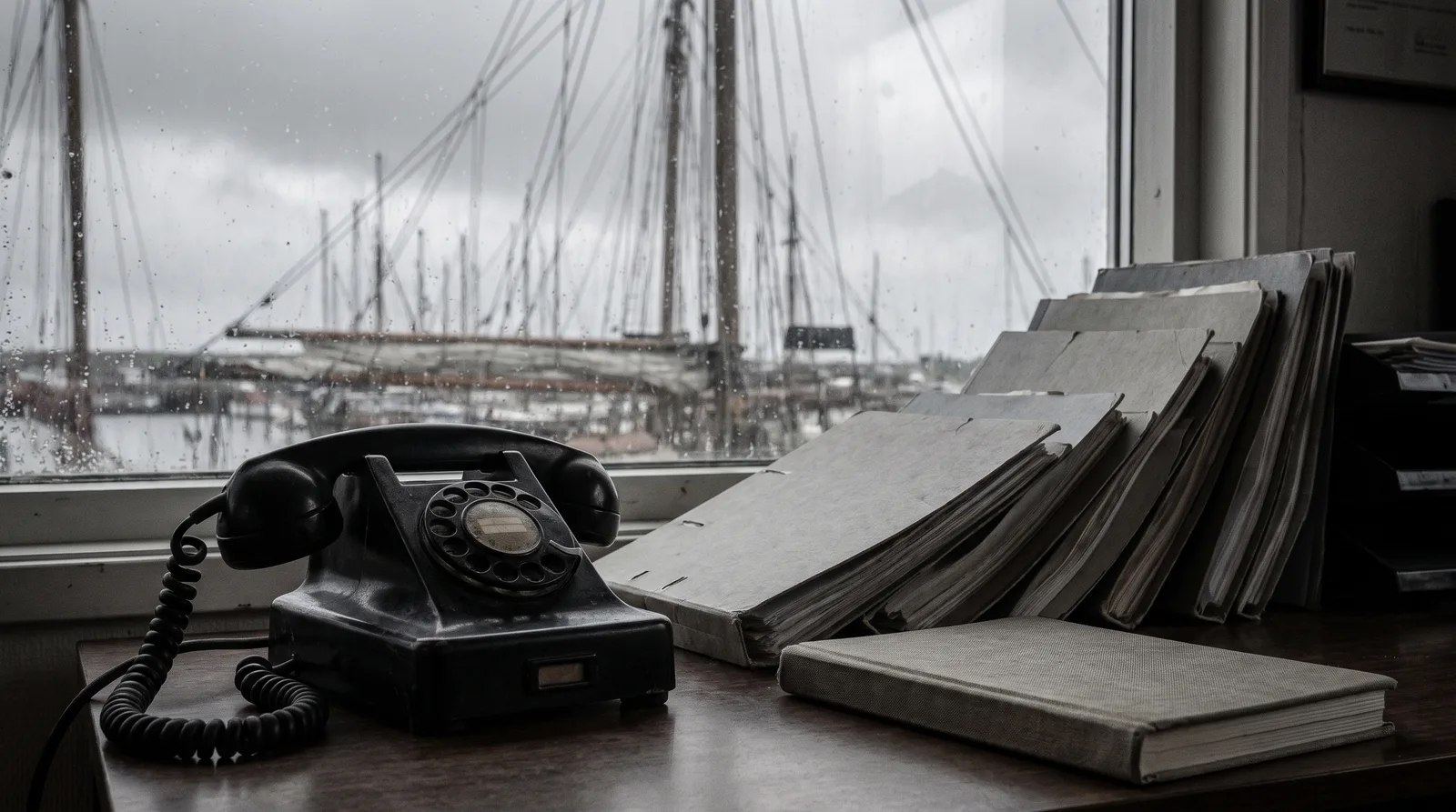 Un viejo teléfono de sobremesa con cable en espiral y una pila de carpetas grises en una oficina de puerto, con mástiles desenfocados tras la ventana
