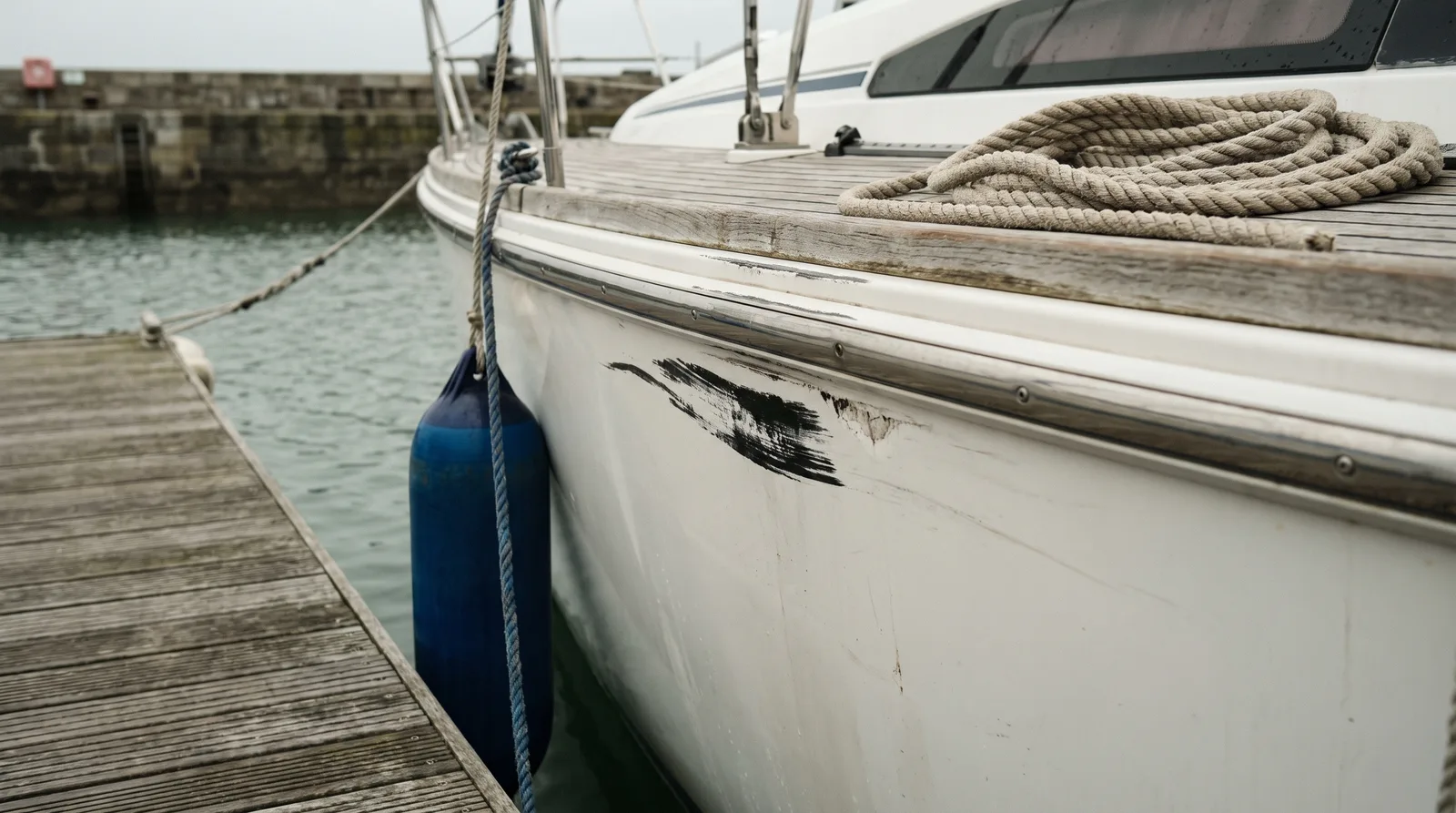 Costado blanco de un velero cuidado junto a un pantalán de madera, con marcas negras de goma y un rozón bajo la regala, al lado una defensa azul y un cabo de amarre adujado