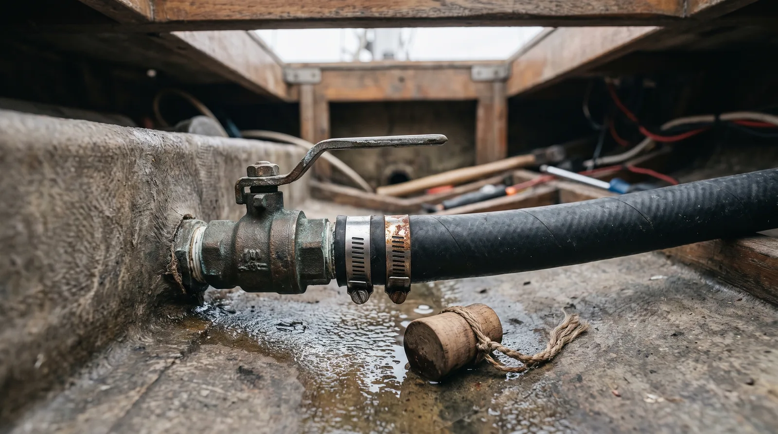 Un grifo de fondo de bronce con palanca en la sentina de un barco, una manguera negra sujeta con dos abrazaderas, una de ellas oxidada, un charco de agua debajo y un tapón de madera atado con un cordel