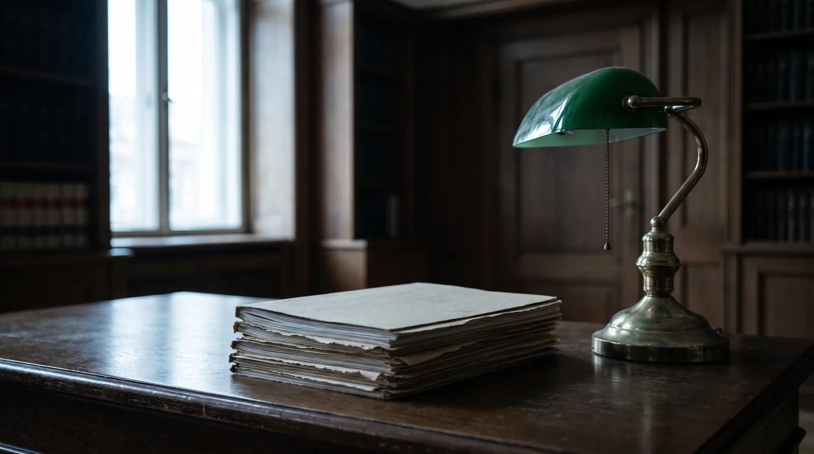 Un montón de expedientes sin rotular sobre un escritorio oscuro, junto a una lámpara de banquero