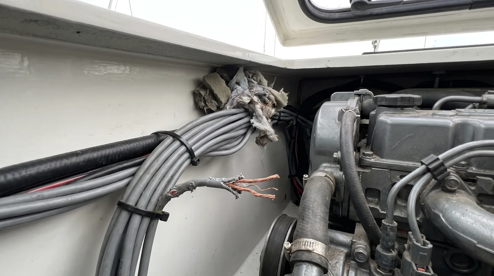 Cámara de motor de un velero cuidado en el varadero: un mazo de cables gris junto al motor diésel, un cable roído hasta el cobre, detrás un nido de espuma y fibras deshilachadas, luz de día que entra por una escotilla abierta.