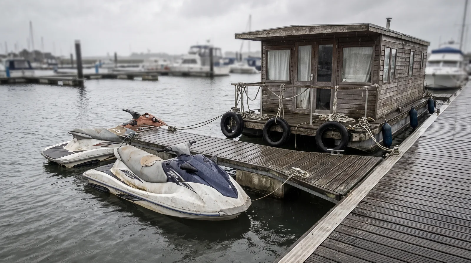 Dos motos de agua y una casa flotante amarradas en el mismo pantalán de madera