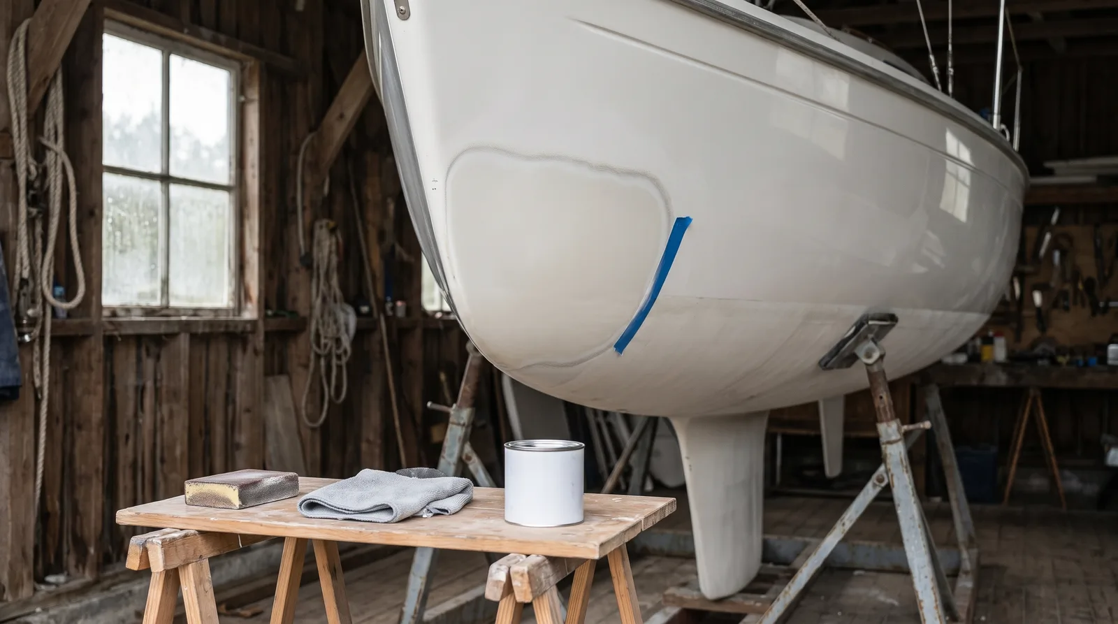 Velero blanco sobre caballetes de acero en una nave de madera: en el casco una reparación de gelcoat recién hecha, algo más clara que el resto, con cinta azul en el borde, y delante, sobre un caballete, un taco de lijar, un paño y una lata de pulimento