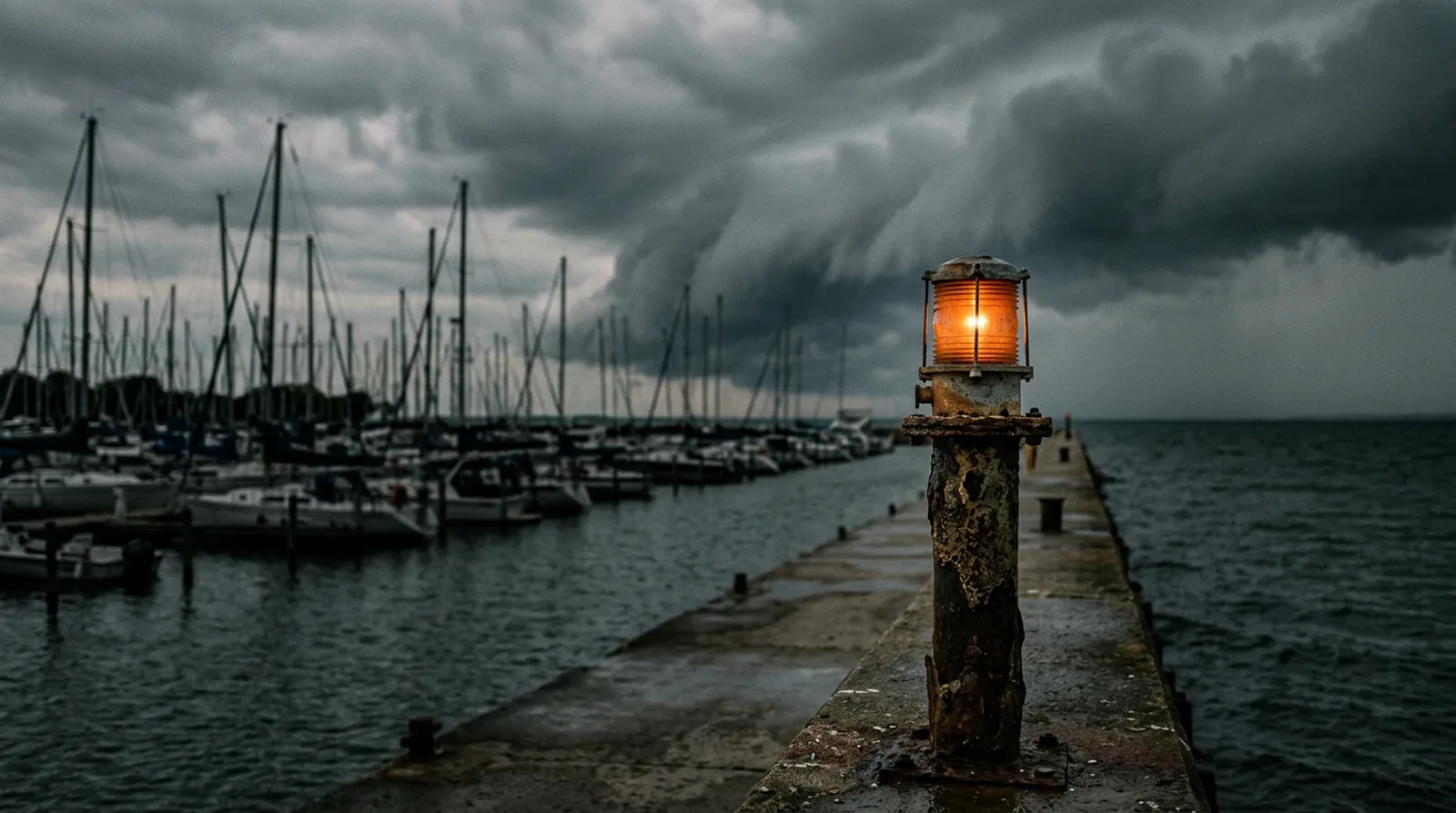 Una lámpara naranja de aviso de temporal encendida al final de un espigón, con veleros y nubes oscuras desenfocados al fondo