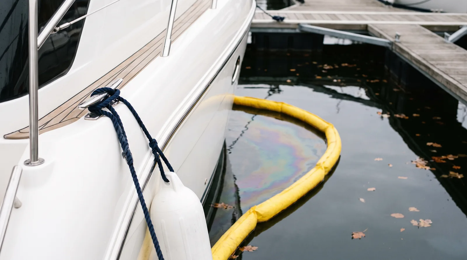 Yate a motor blanco amarrado al pantalán, junto a una mancha irisada de gasóleo en el agua oscura del puerto rodeada por una barrera flotante amarilla