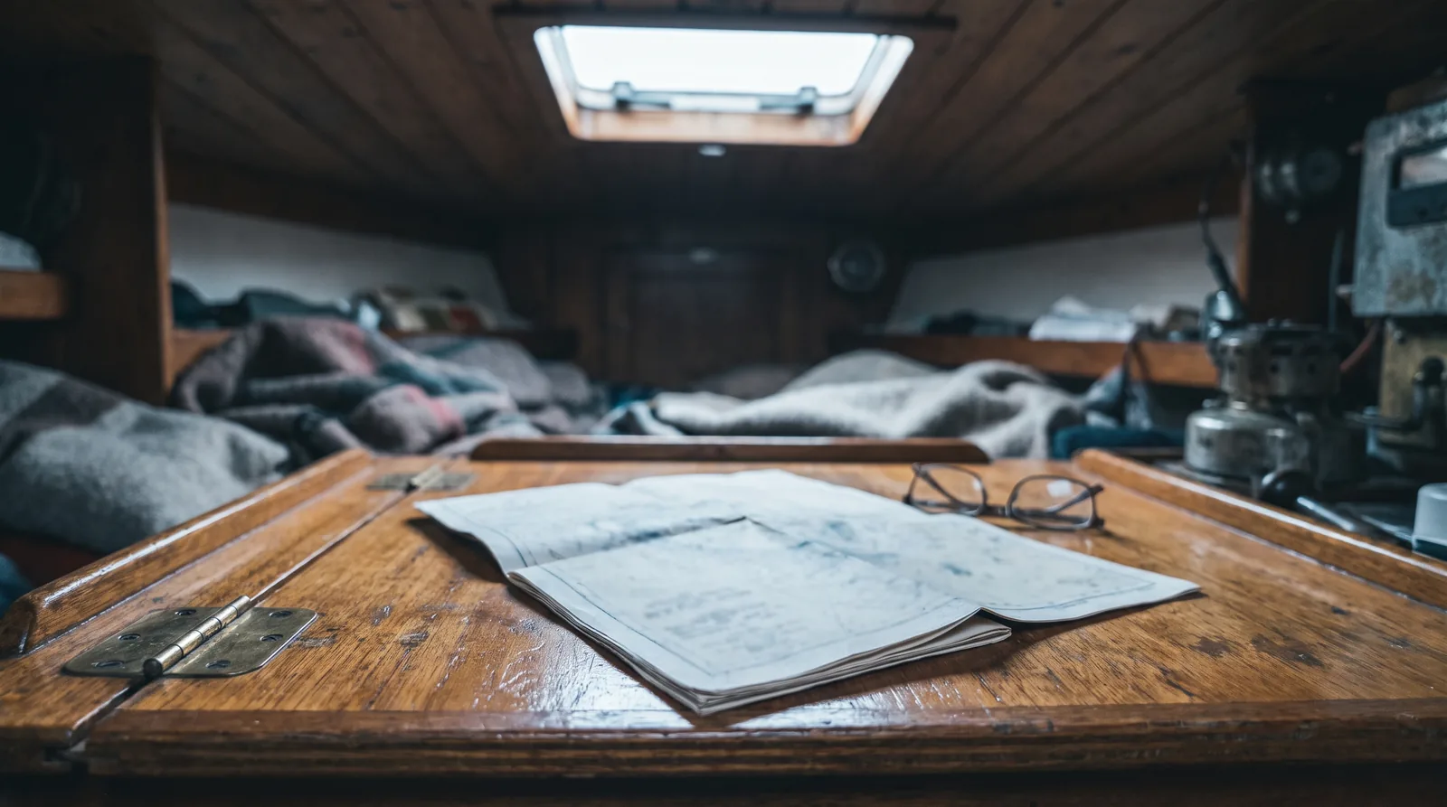 Un documento de varias páginas abierto sobre la mesa de cartas de una cabina, junto a unas gafas de leer