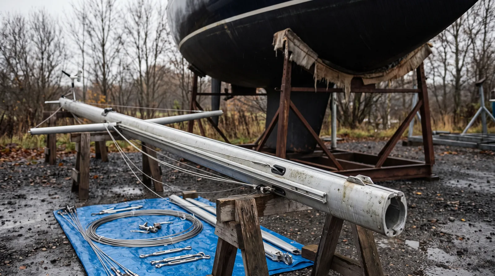 Palo de aluminio desmontado de un velero apoyado sobre borriquetas de madera en una varada de otoño, con un casco sobre picadero de acero detrás y obenques enrollados con tensores sobre una lona.