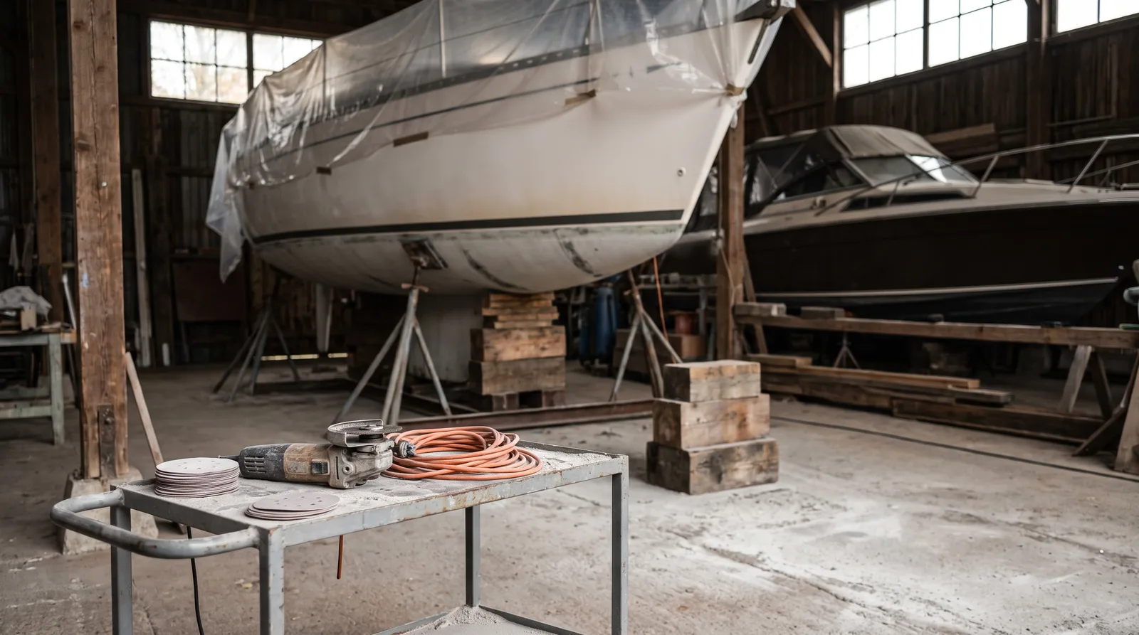 Nave de un varadero en otoño: un velero cubierto con plástico sobre puntales de acero y tacos de madera, delante un carro de taller con una amoladora, un alargador naranja enrollado y discos de lija, polvo de lijado en el suelo de hormigón y una lancha con funda al fondo