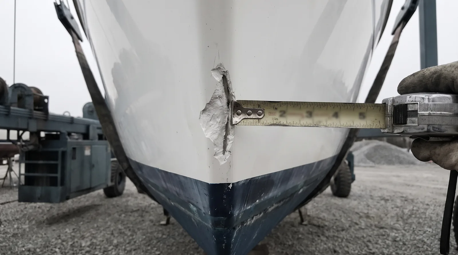 Un golpe reciente en el casco blanco por encima de la línea de flotación, con el barco en las eslingas de la grúa
