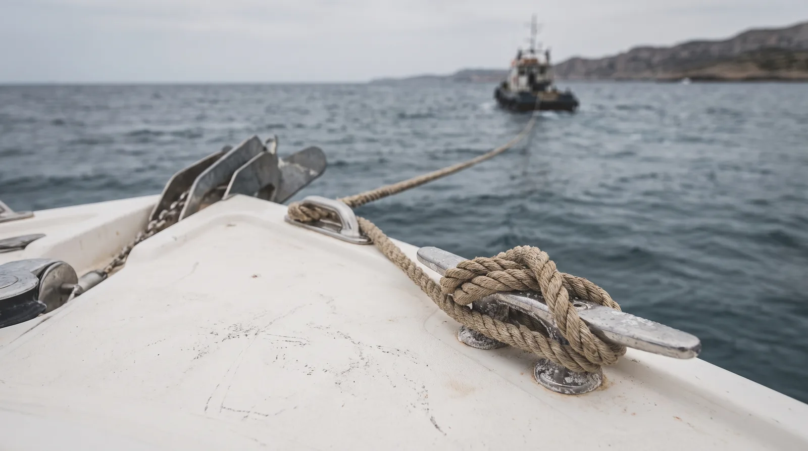 La proa de una lancha blanca en el mar, con un cabo de remolque hecho firme en una cornamusa de acero inoxidable que sale tenso por la guía hacia una pequeña embarcación de trabajo frente a una costa rocosa bajo el cielo nublado