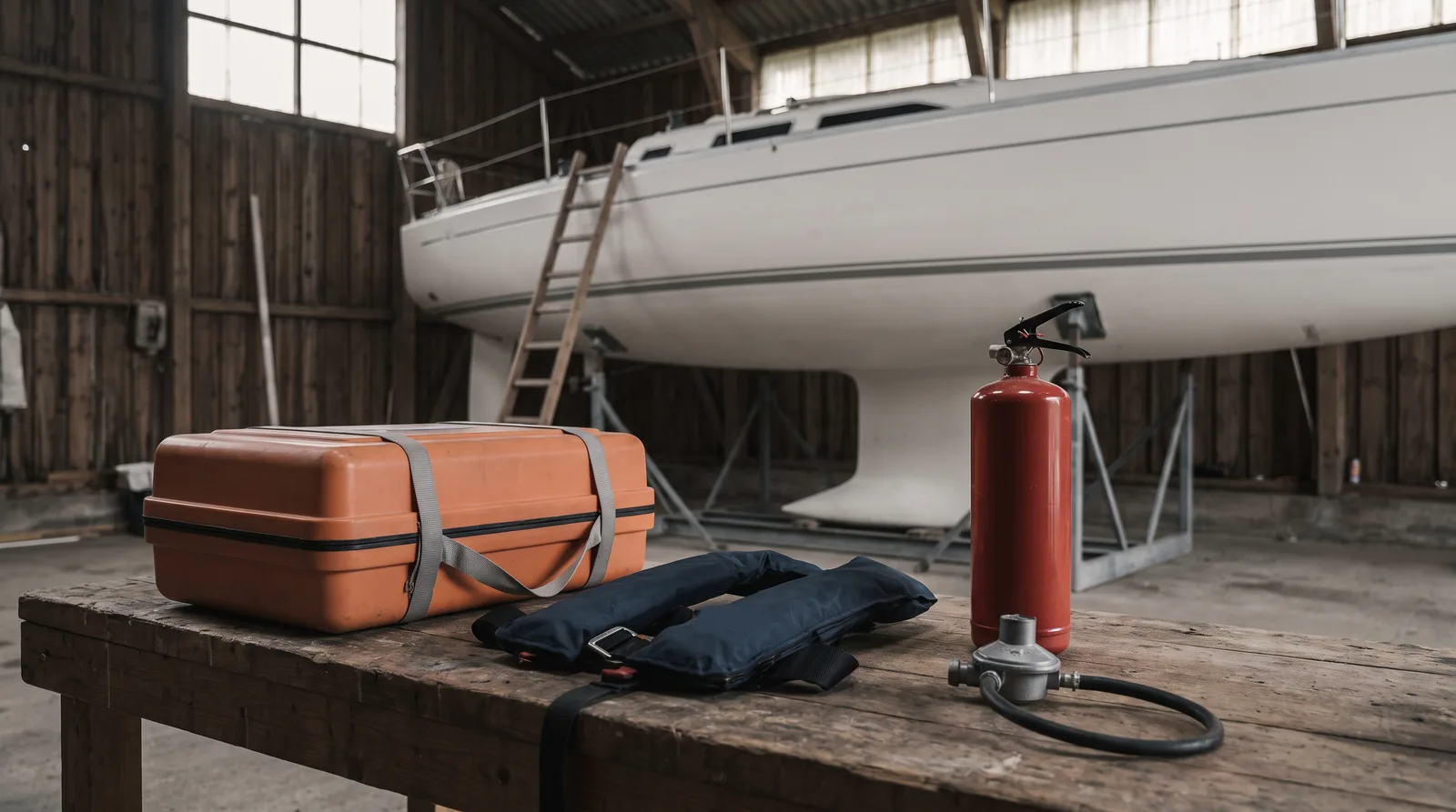 Contenedor naranja de balsa salvavidas con cinchas grises, dos chalecos automáticos azul oscuro plegados, un extintor rojo y un regulador de gas con manguera sobre un banco de madera, detrás un velero blanco sobre bases de acero en una nave de madera
