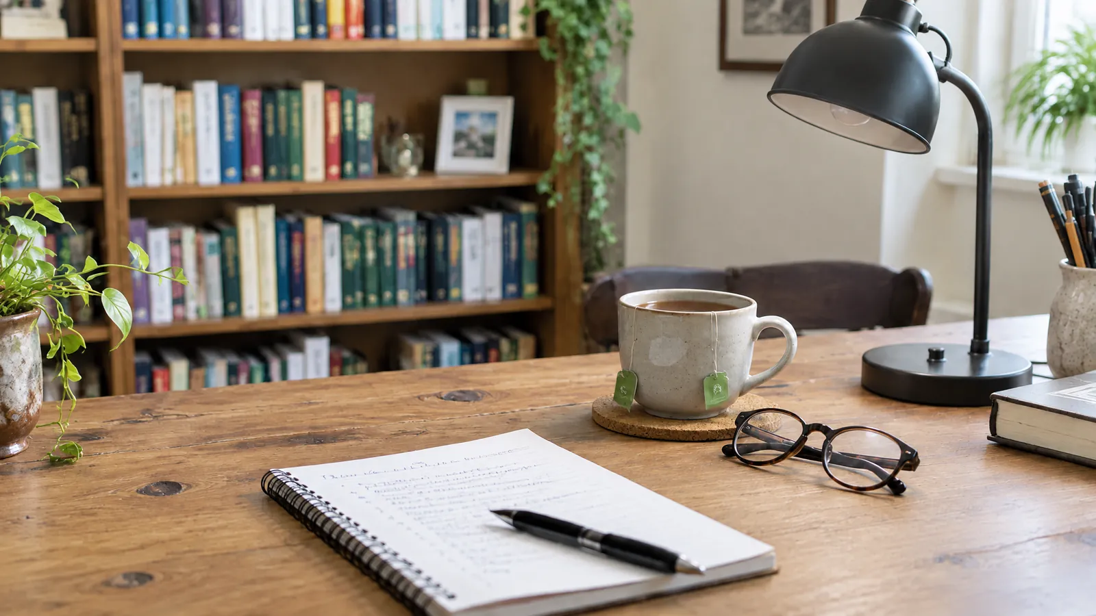 Revista doblada y una taza sobre una mesa al anochecer