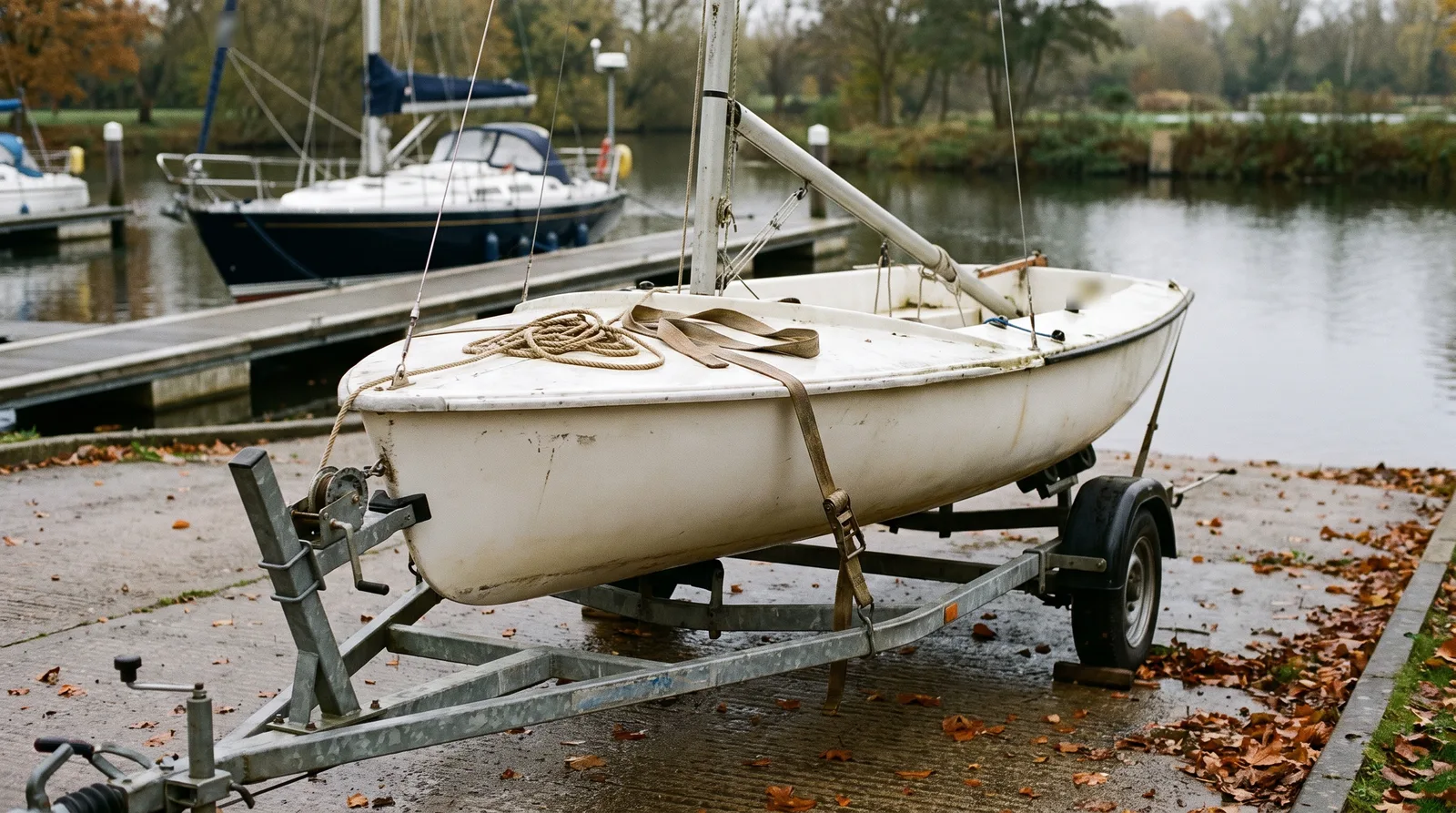 Un bote de vela blanco con el mástil arbolado sobre un remolque galvanizado en lo alto de una rampa mojada en otoño, con un cabo adujado y una cincha suelta en la proa, y al fondo, desenfocado, un velero de casco oscuro en el pantalán