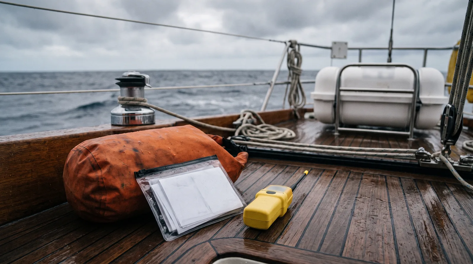 Cubierta de teca mojada en la bañera de un velero en alta mar: una bolsa estanca naranja, una funda transparente con documentos y una radiobaliza amarilla; detrás, una balsa salvavidas en su soporte de acero en popa y mar de fondo gris bajo las nubes.