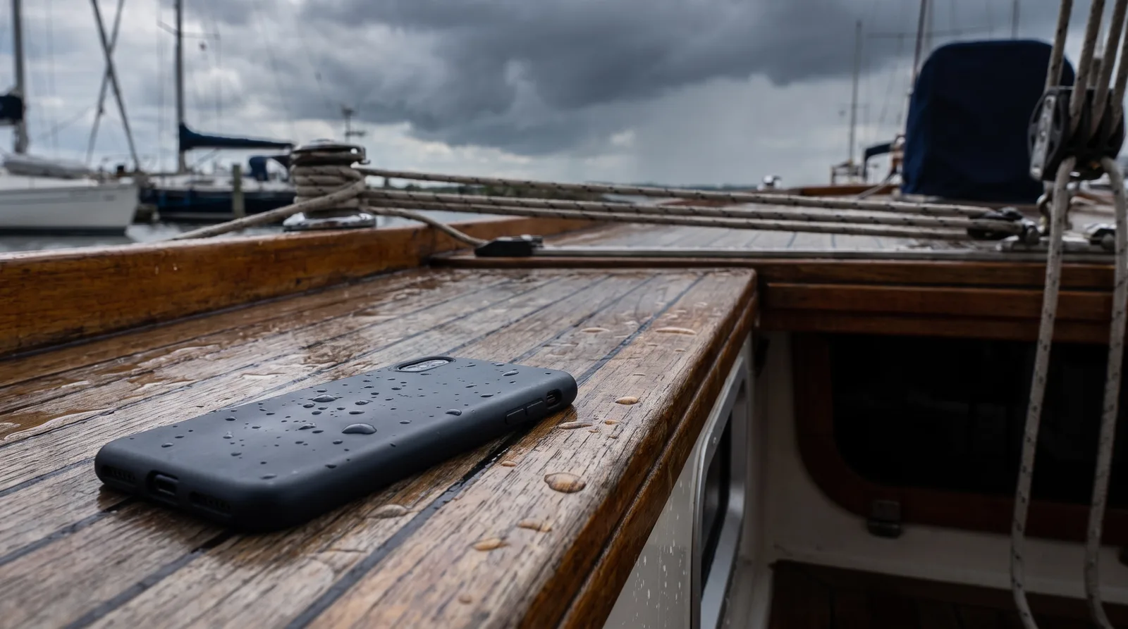 Un móvil boca abajo sobre el banco mojado de la bañera de un velero en el puerto, con nubes de tormenta encima