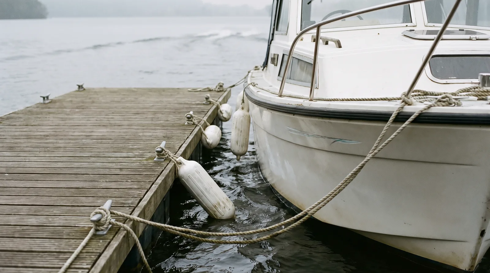Proa de una lancha blanca con cabina junto a un pantalán flotante de madera en un lago con luz de día nublada: las amarras van a cornamusas de acero inoxidable, varias defensas blancas cuelgan entre el casco y el pantalán, el agua está agitada y al fondo, desenfocada, la estela de una ola cruza el lago