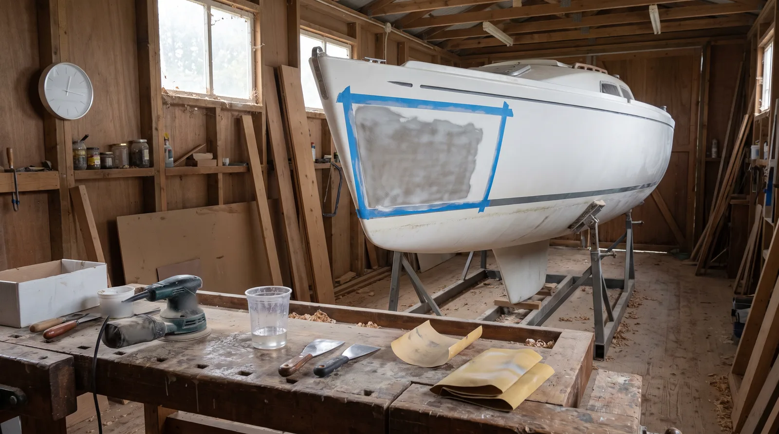 Un velero blanco sobre bases de acero en un taller de madera, en la proa una reparación lijada enmarcada con cinta azul, delante un banco con lijadora orbital, espátulas, lija y un vaso de mezcla, un reloj en la pared