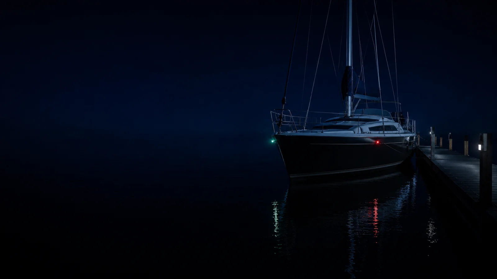 Velero amarrado en un puerto deportivo de noche