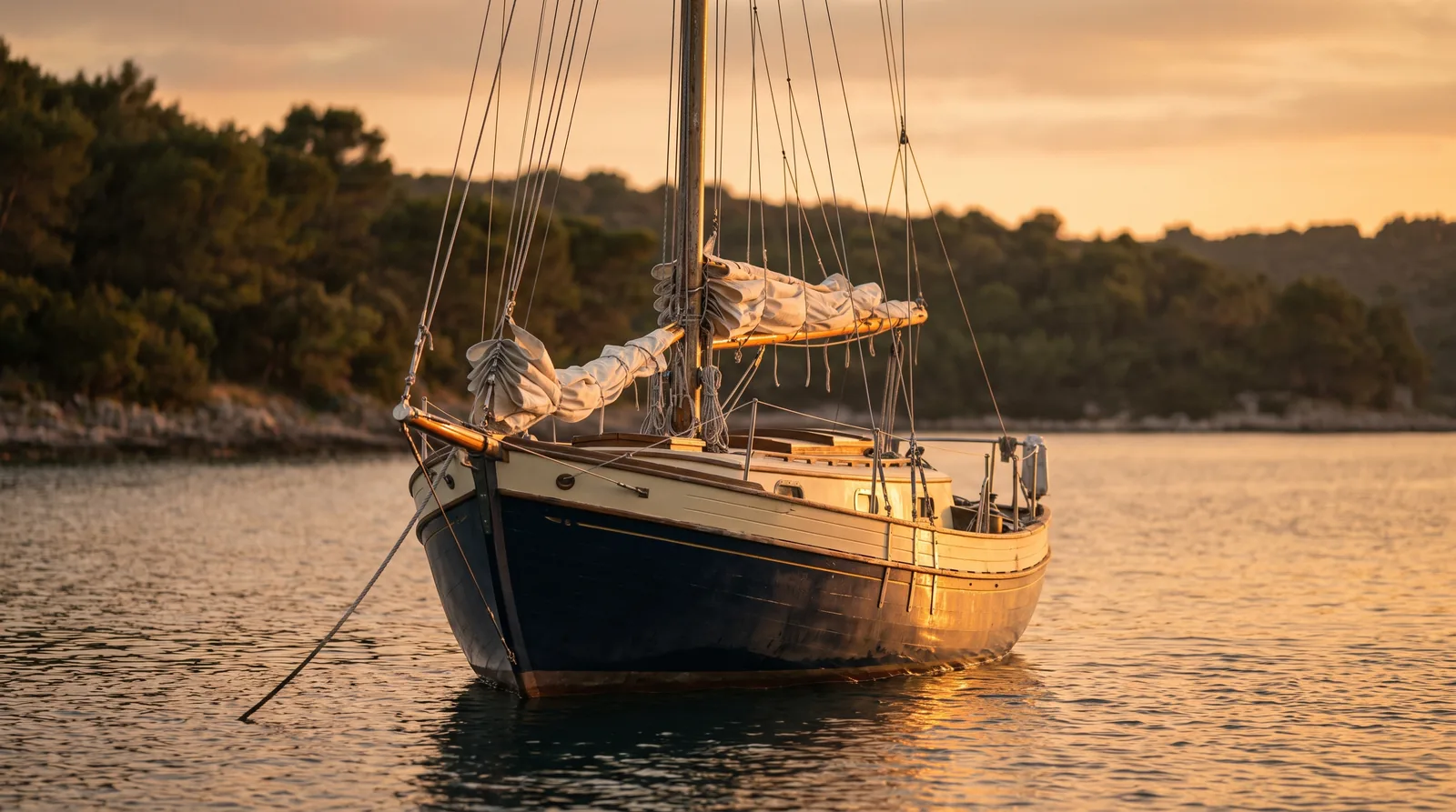 Un velero fondeado en una cala tranquila con la luz del atardecer