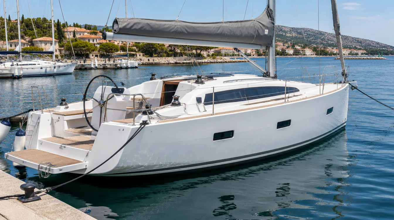 Velero de crucero blanco de diez metros con rueda de timón y plataforma de baño en un pantalán.