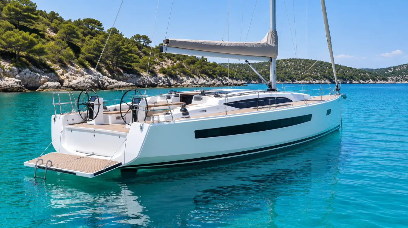 Velero moderno con ventanas en el casco y plataforma de baño bajada en una cala.