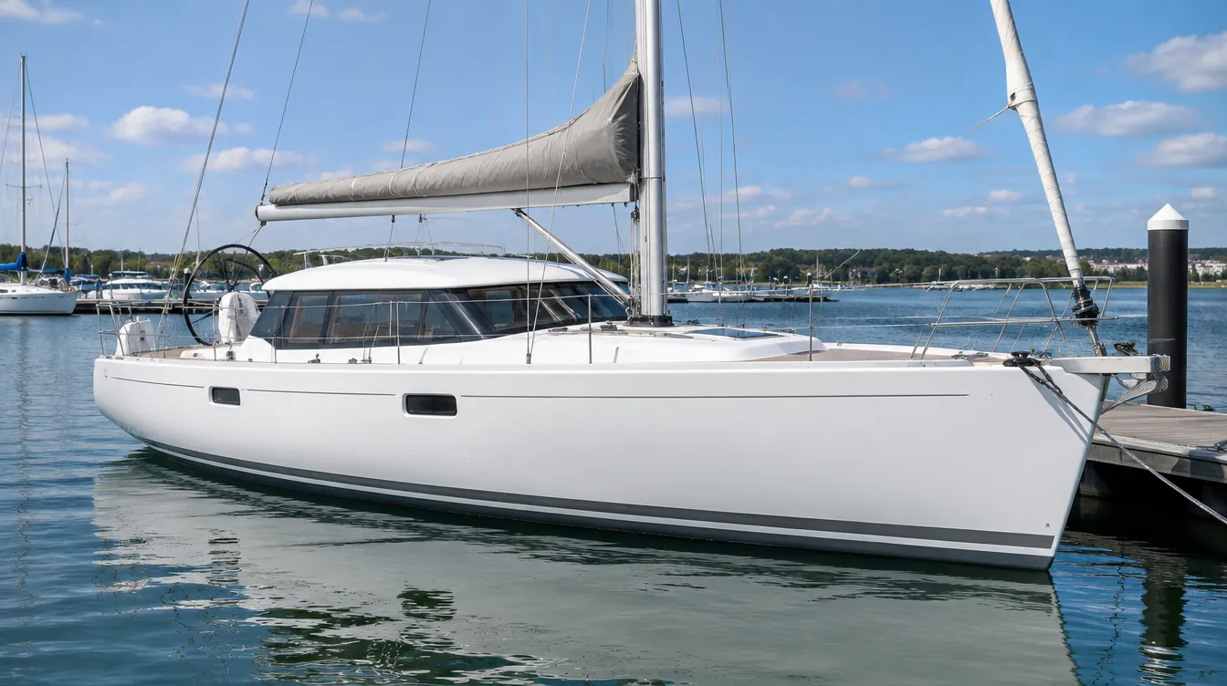 Velero con salón elevado y grandes ventanas en el pantalán de una marina.