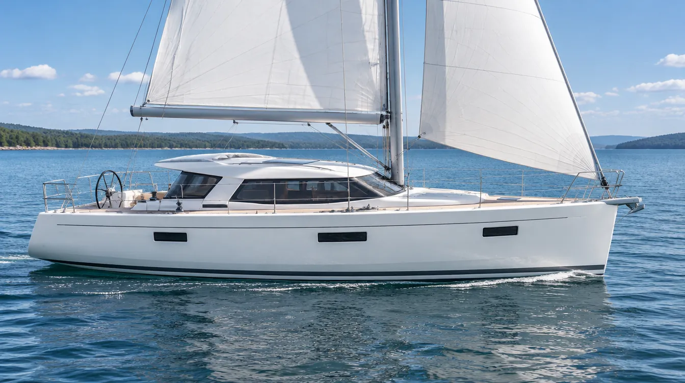 Velero de 14 metros con salón elevado y ventanas corridas navegando.