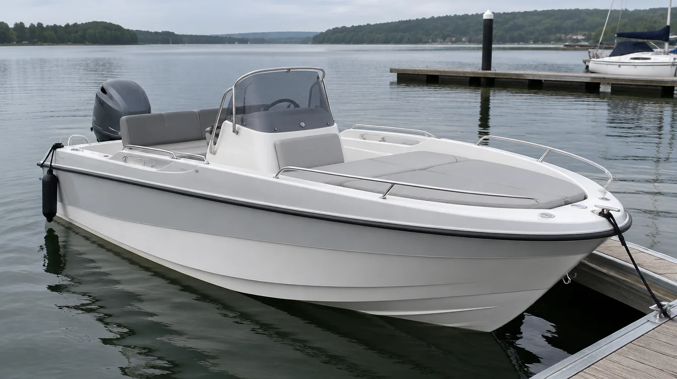 Quicksilver Activ 505 Open: barca abierta con consola central, solárium en proa y fueraborda en un pantalán de un lago.