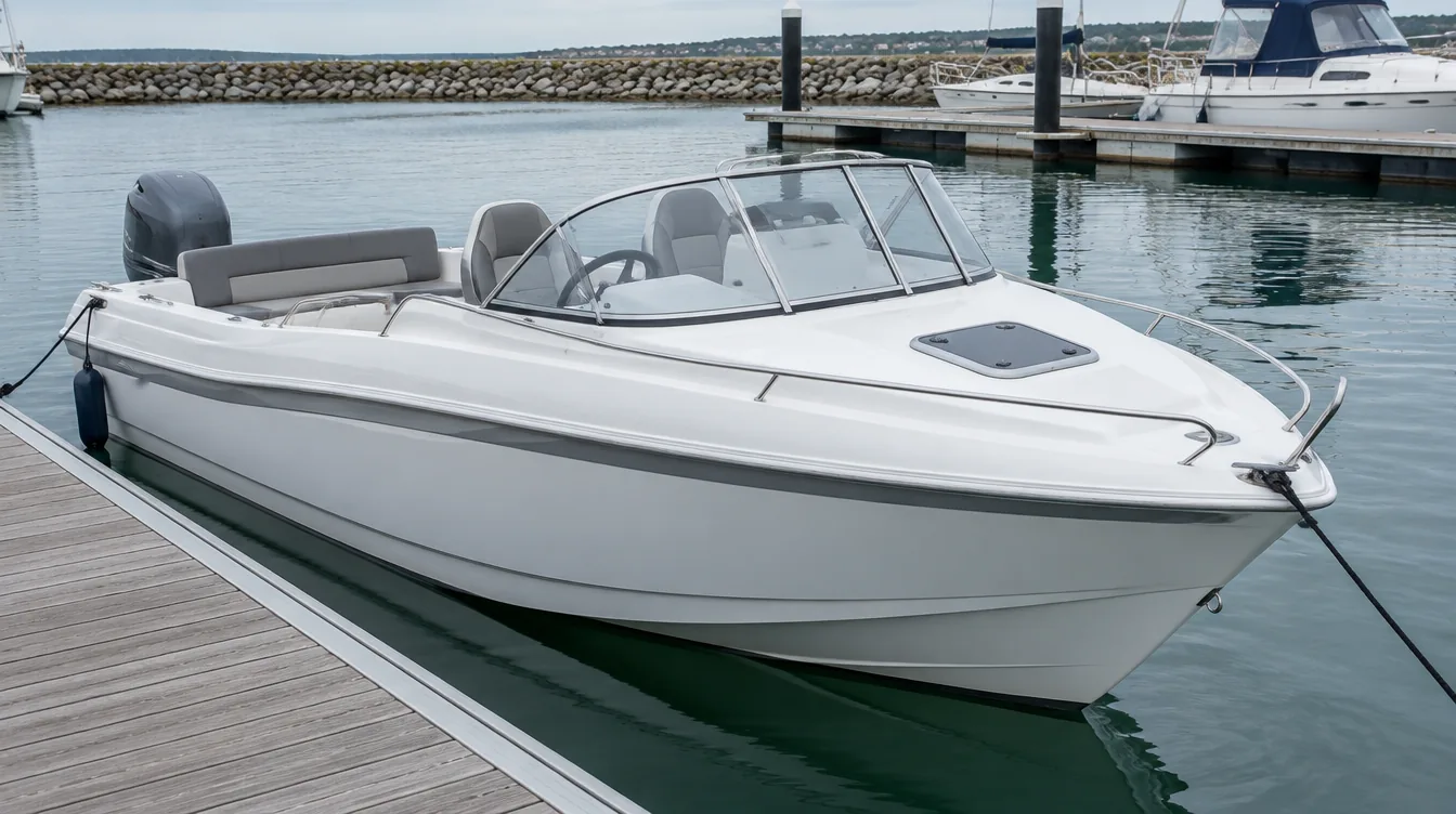 Quicksilver Activ 555 Cabin: pequeña lancha con cabina, parabrisas, puesto de mando abierto y fueraborda en un puerto deportivo.