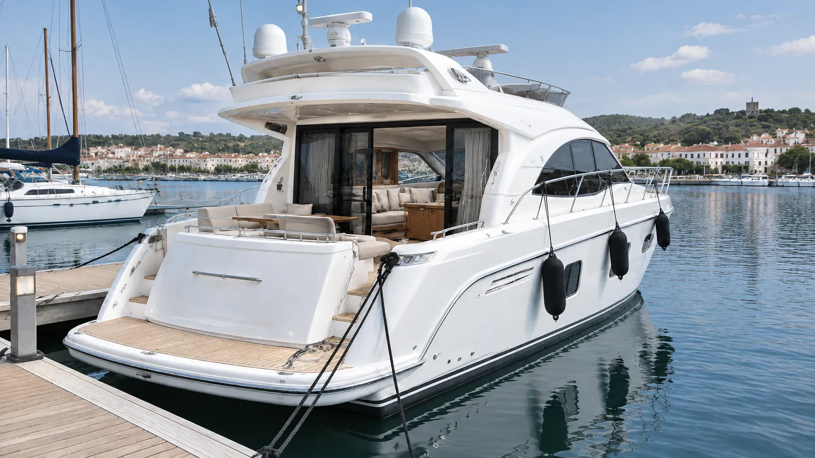 Yate flybridge amarrado al anochecer, con el salón iluminado