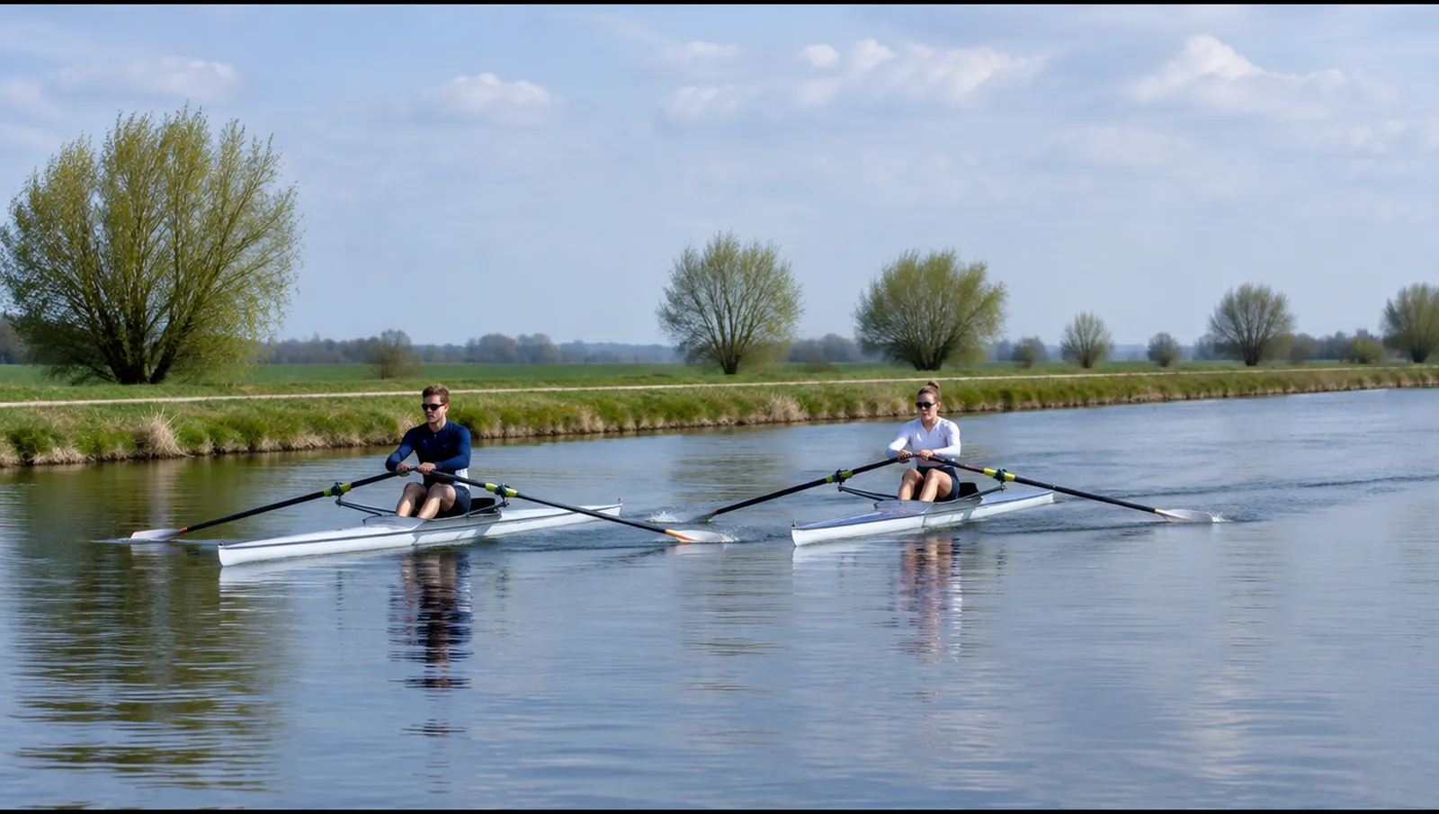 Dos skiffs compitiendo codo con codo en un lago urbano llano de orillas verdes, Bremen