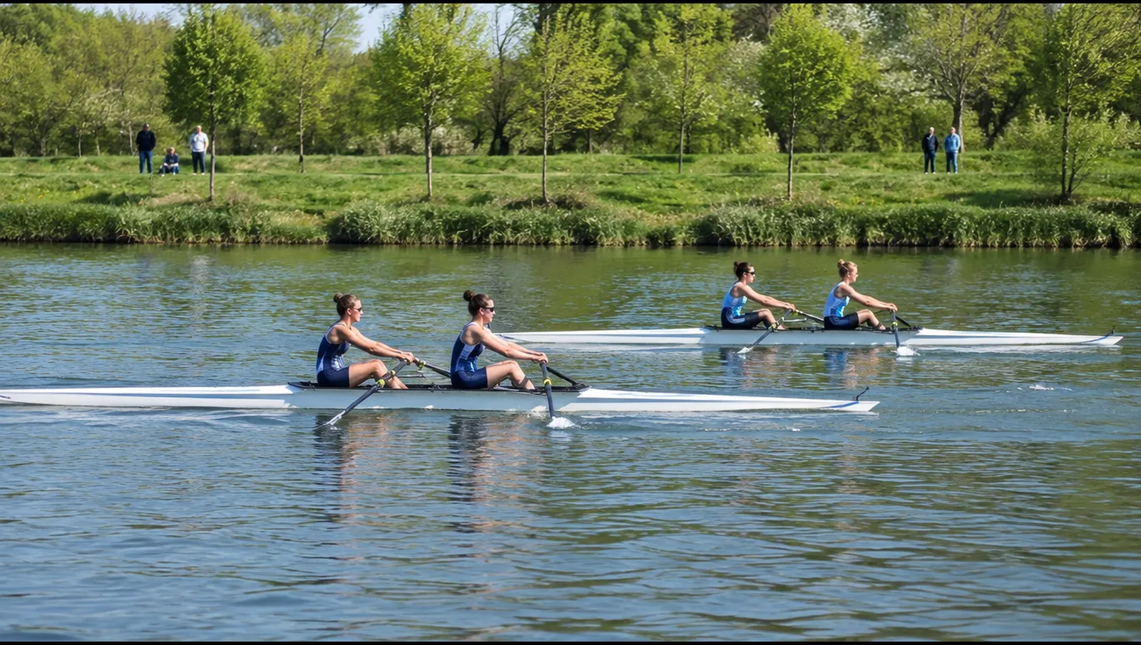 Dos dobles scull compitiendo codo con codo en un río ancho, Regensburg