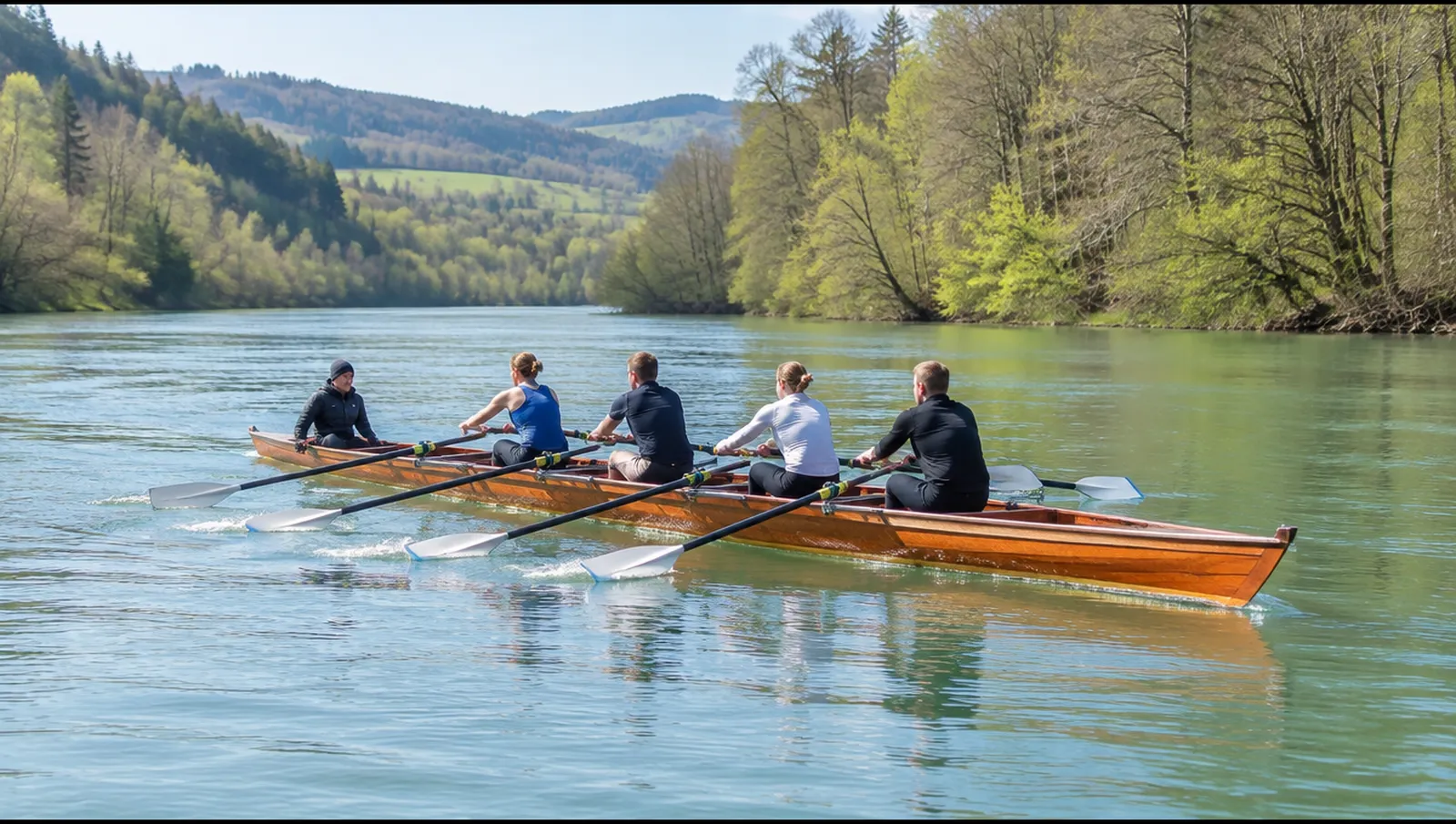 Un cuatro scull de yola con timonel remando río abajo en un río ancho, Passau
