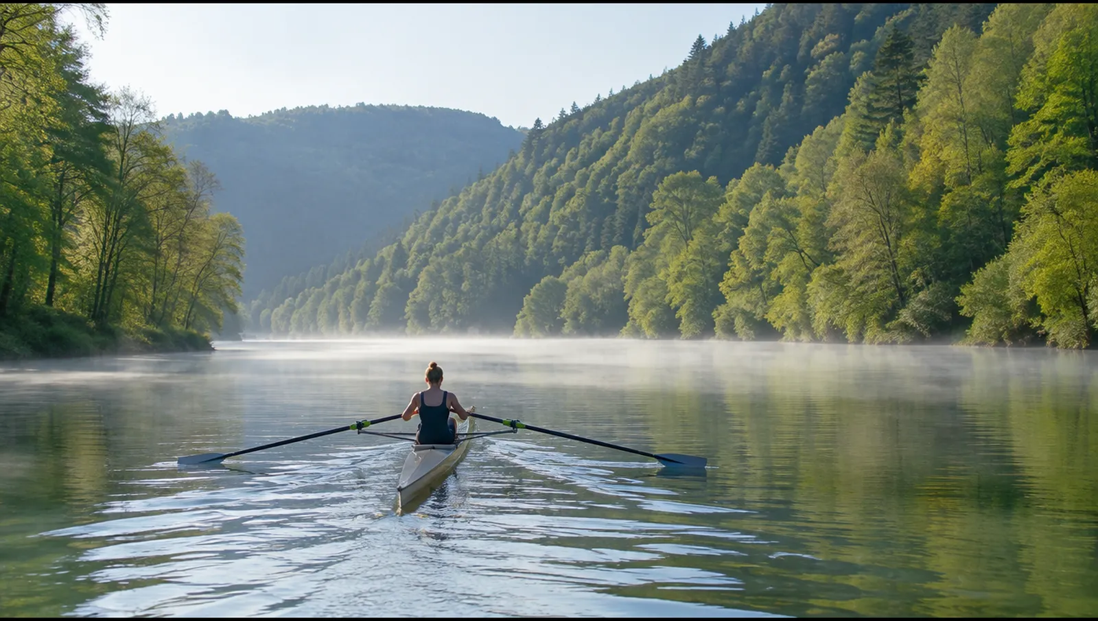 Un skiff compitiendo en un río entre laderas boscosas, Heidelberg