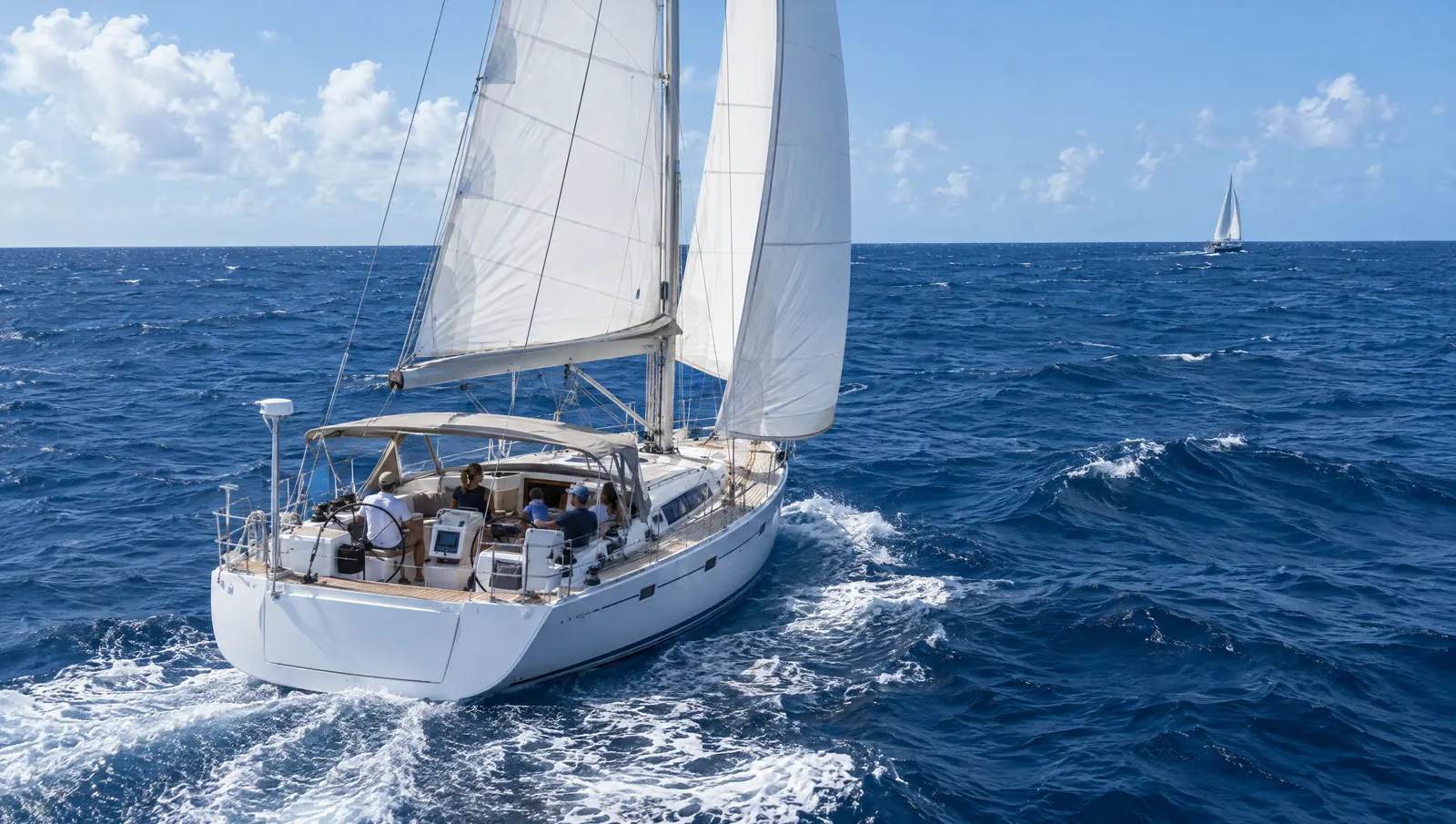 Un velero de crucero navegando con viento de popa por el Atlántico con los alisios