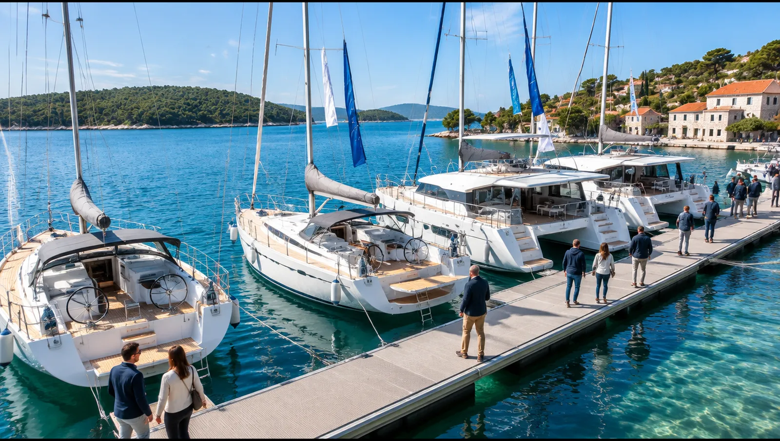 Veleros y catamaranes amarrados en los pantalanes de un salón náutico a flote en una marina del Adriático, Biograd na Moru