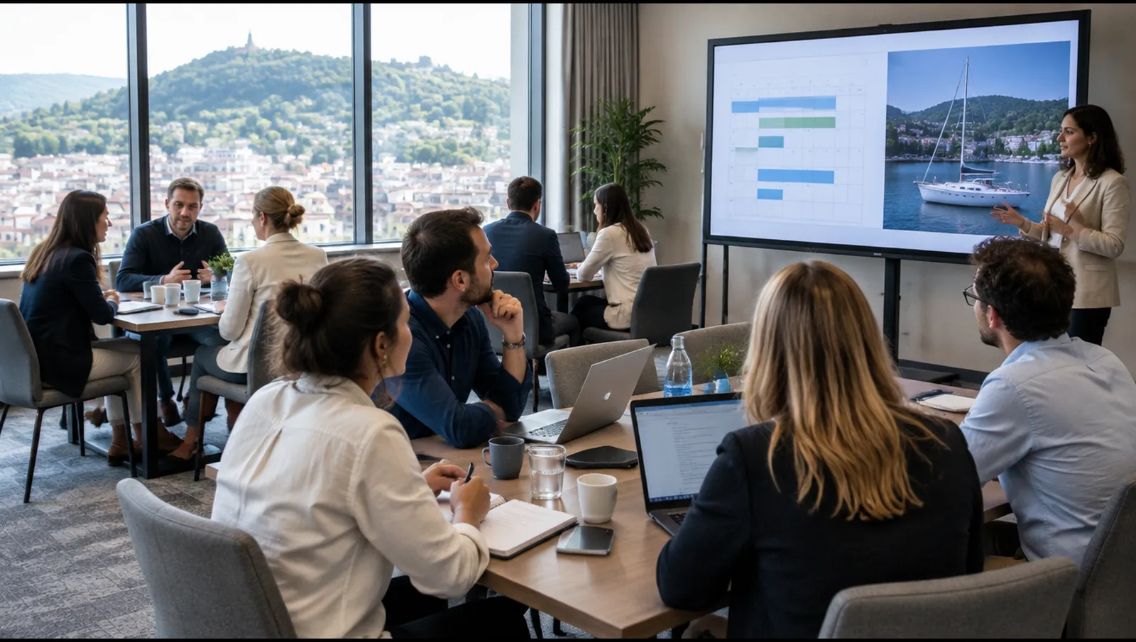 Taller en una sala de conferencias, profesionales del chárter de yates en mesas con portátiles, Zagreb