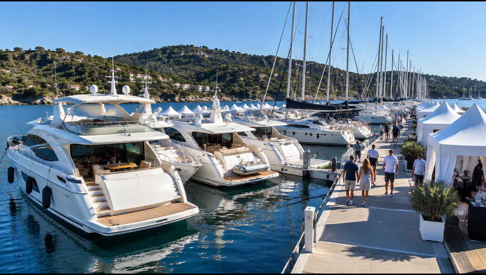 Yates a motor y a vela amarrados en los pantalanes de un salón náutico a flote bajo el sol de finales de verano, Cannes