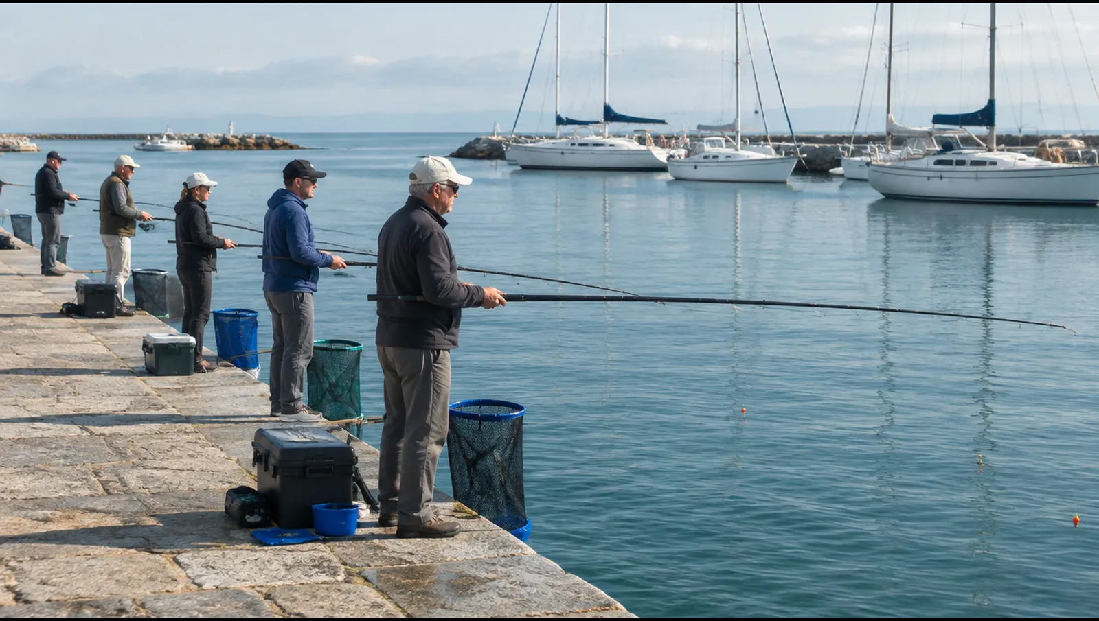 Pescadores con largas cañas de boya en el muelle de un puerto por la mañana, Valencia