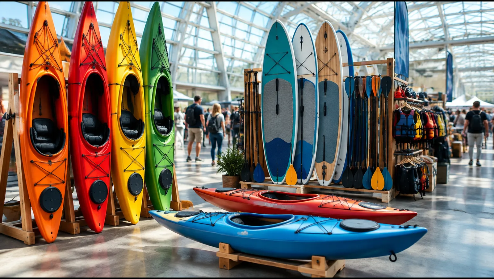 Kayaks y tablas de paddle surf expuestos en un estand de un pabellón con luz natural, München