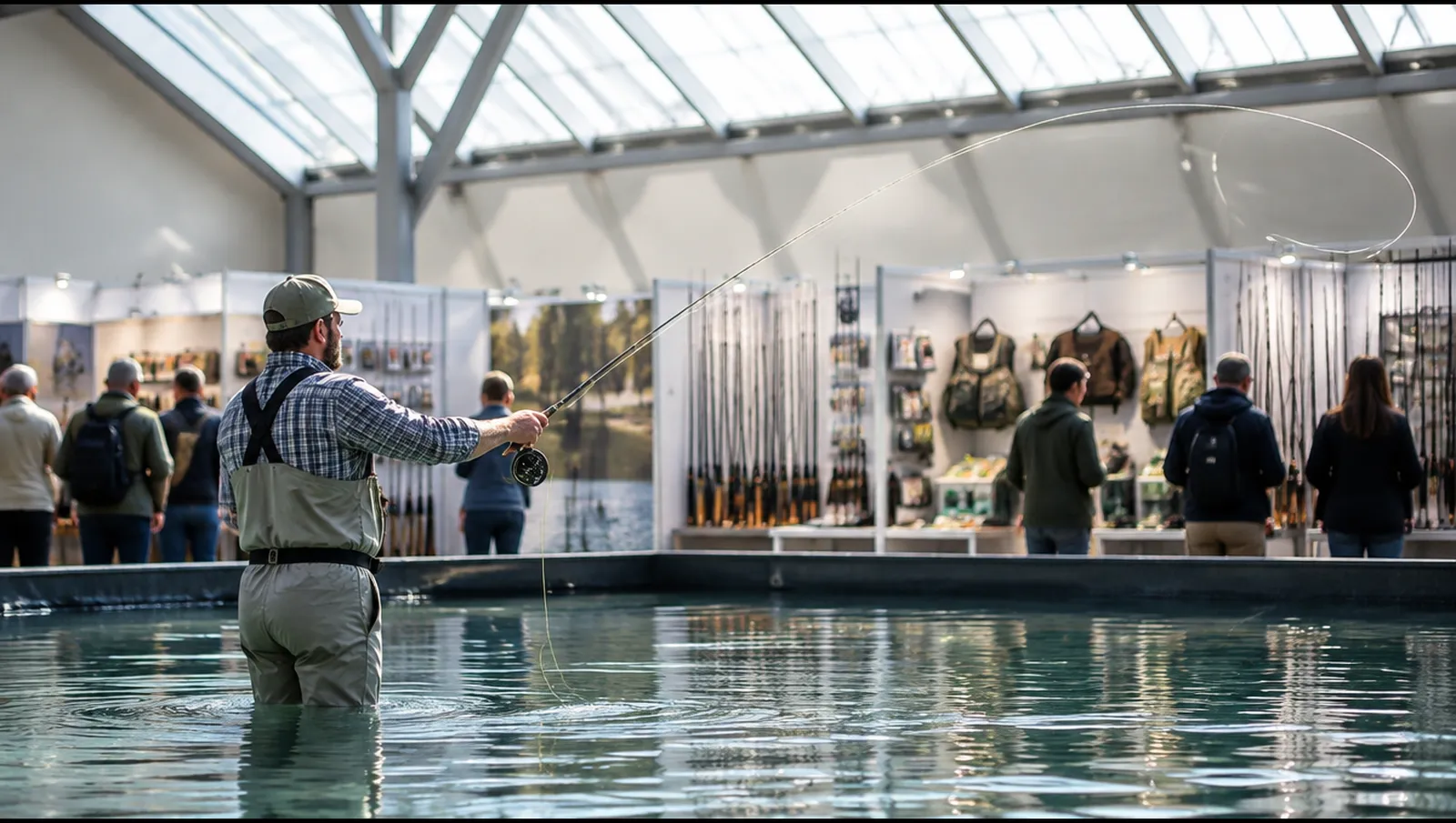 Un pescador a mosca lanza el sedal sobre la piscina de demostración de un pabellón luminoso, Wels