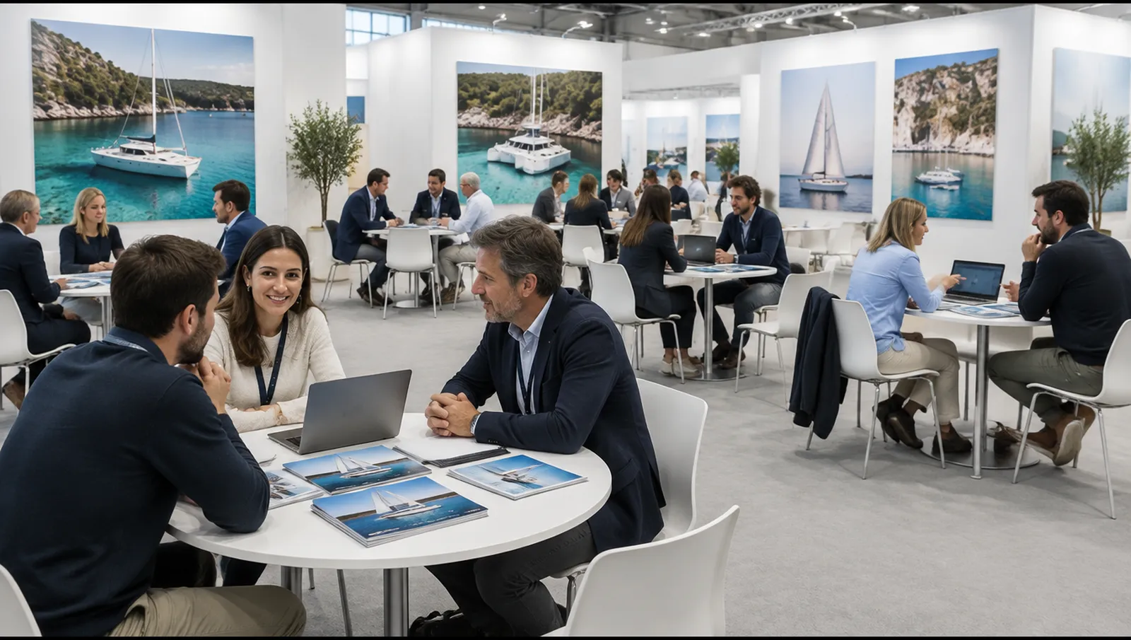 Mesas de reunión en un pabellón ferial donde empresas de chárter y agencias negocian, Ámsterdam