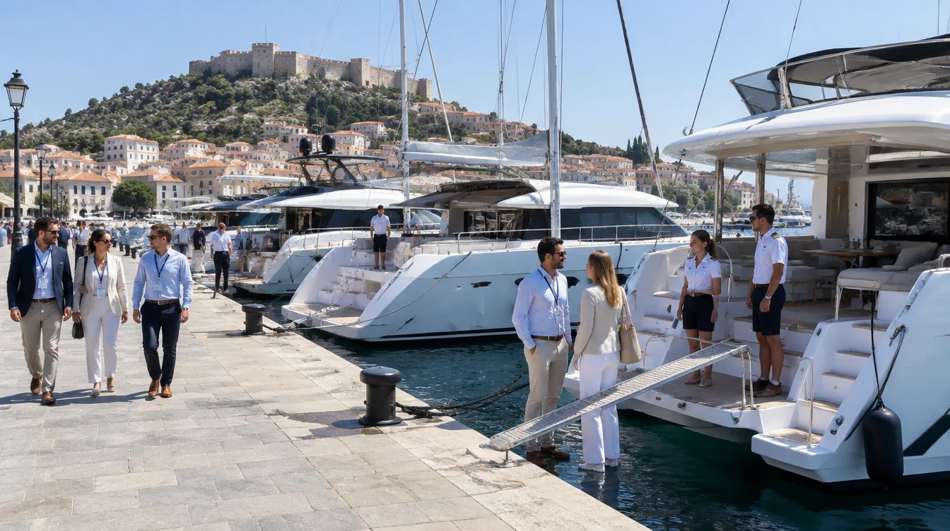 Yates a motor y catamaranes amarrados en el muelle de un puerto griego, brókeres de chárter hablando con la tripulación, Nauplia