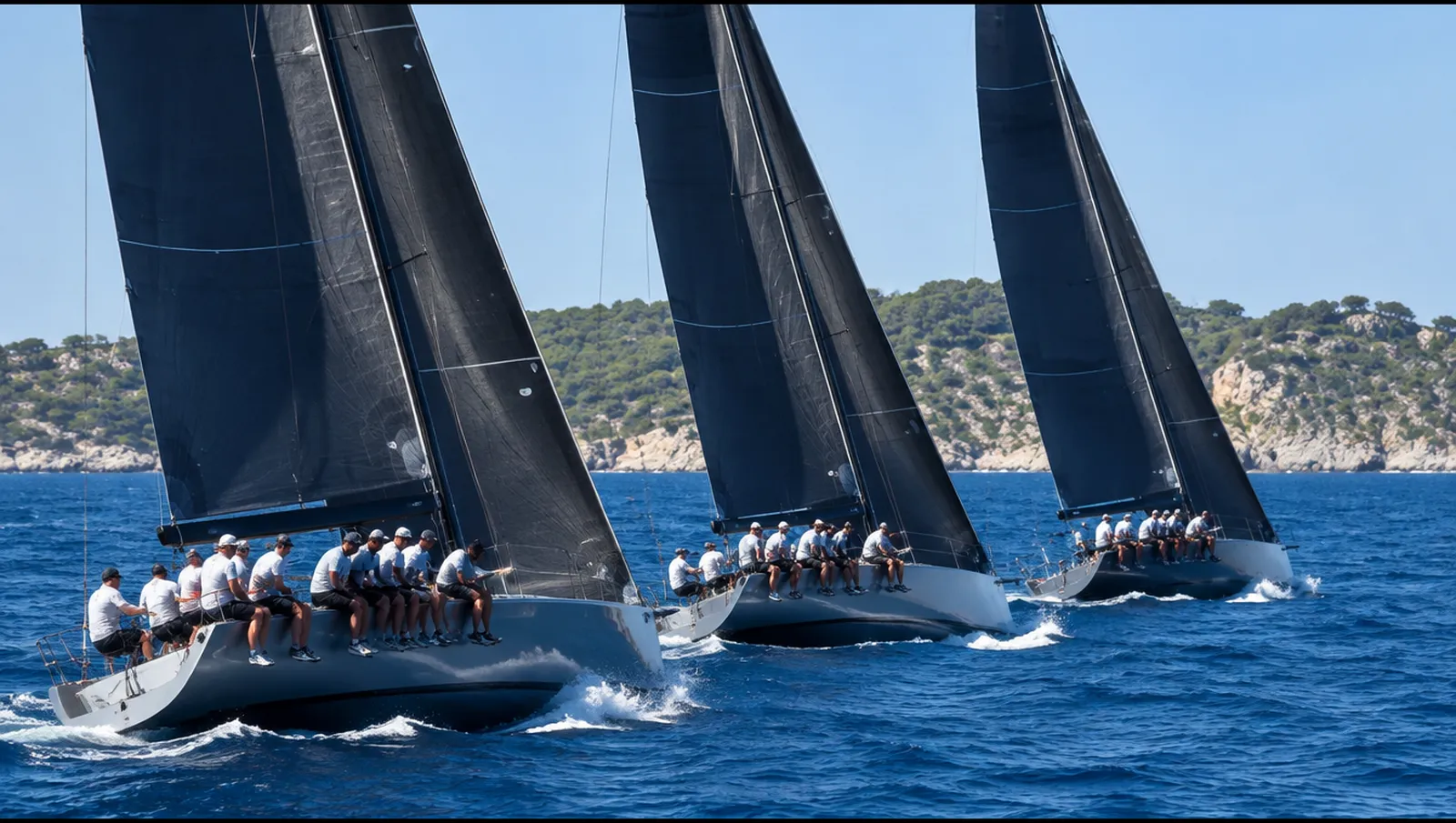 Grandes veleros de regata con velas oscuras ciñendo muy juntos en una bahía, Puerto Portals