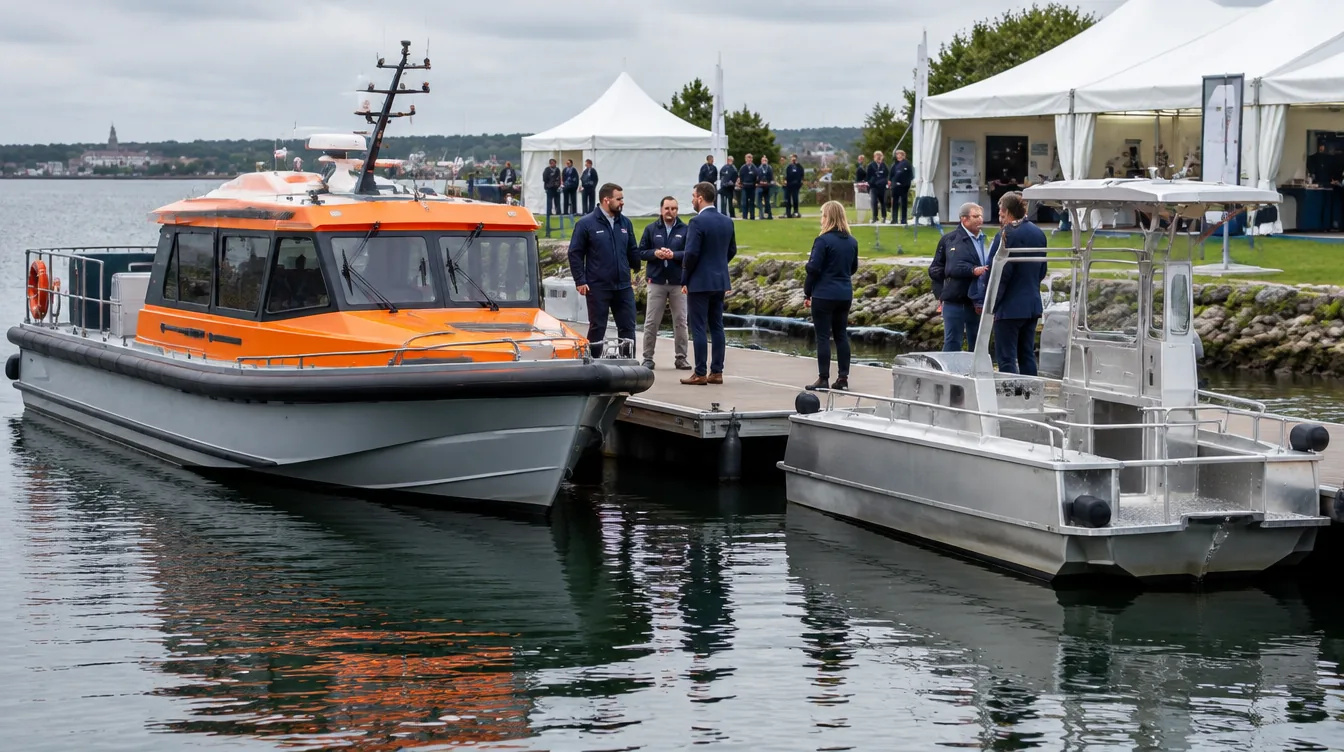 Embarcación de prácticos y barco de trabajo en los pantalanes de una feria junto al agua, expositores hablando con visitantes, Southampton
