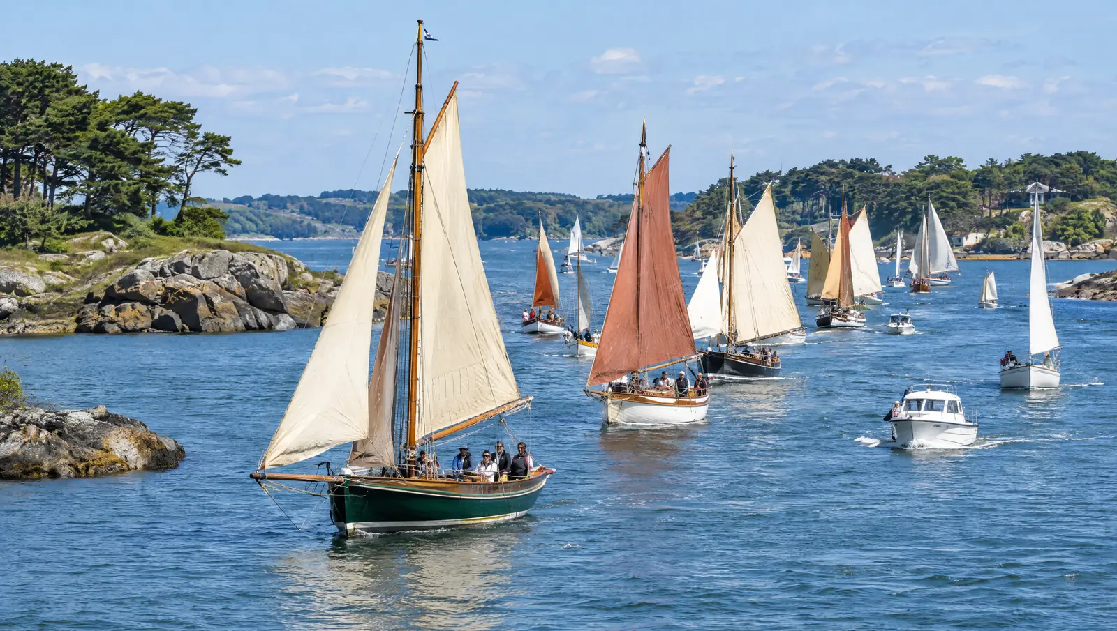 Barcos tradicionales y veleros navegando juntos entre las islas del golfo de Morbihan