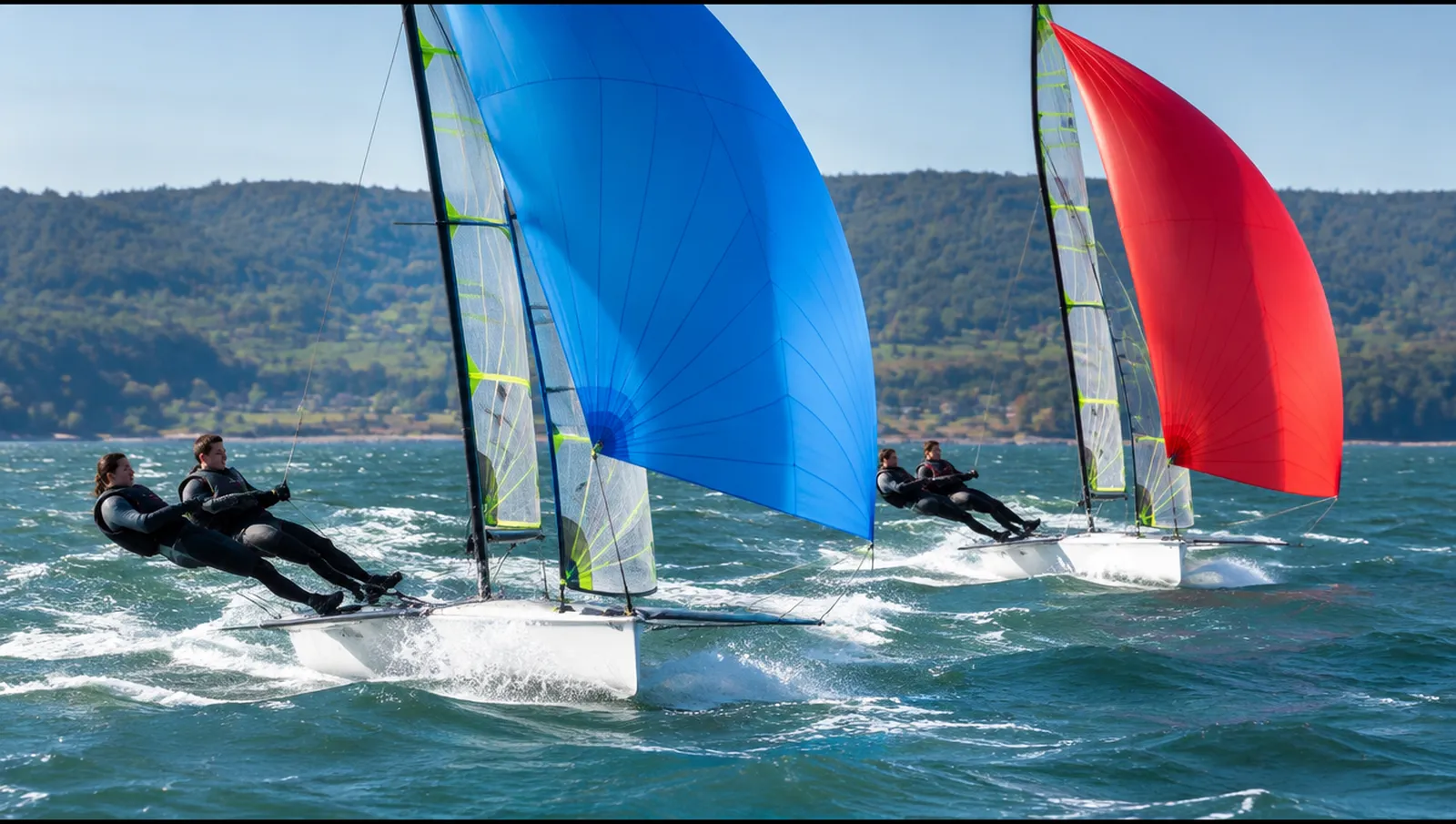 Dos skiffs olímpicos planeando con gennaker y la tripulación al trapecio en una ría atlántica, Galicia
