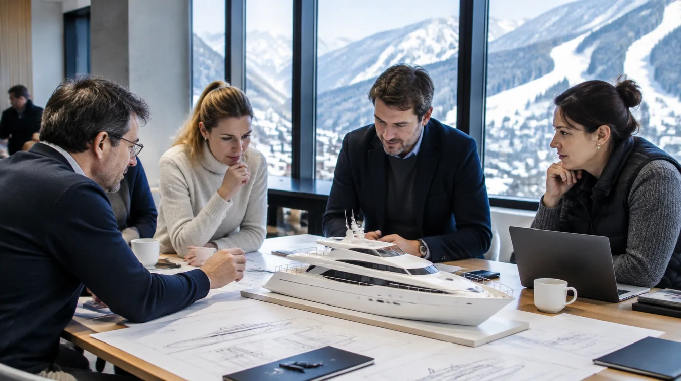Diseñadores de yates comentan planos y una maqueta blanca de superyate en una mesa, con montañas nevadas tras las ventanas, Kitzbühel