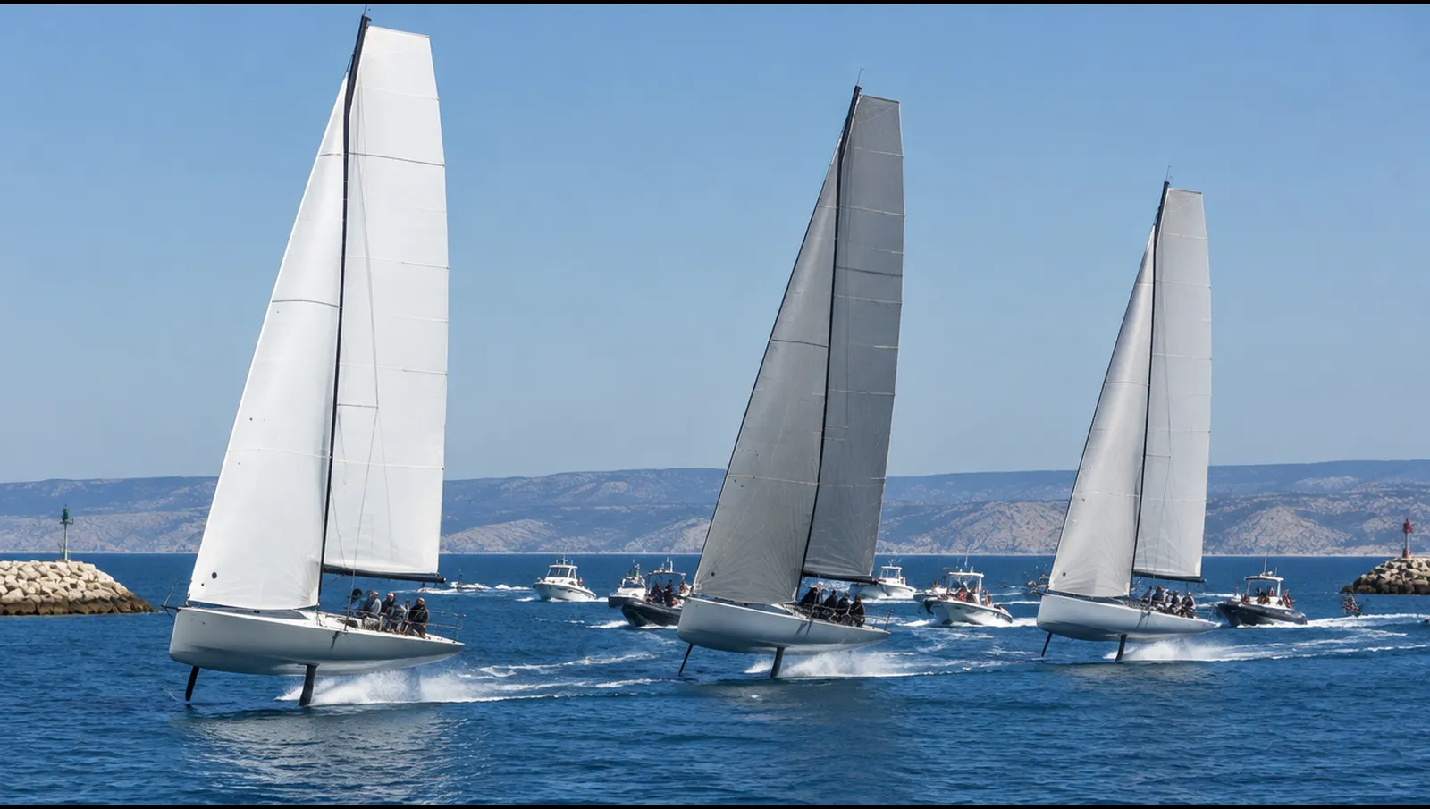 Veleros oceánicos con foils saliendo del puerto bajo el sol, acompañados por embarcaciones, Alicante